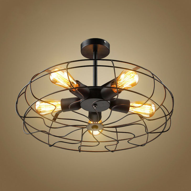 5 Bulbs Ceiling Lighting Simplicity Fan Cage Iron Chandelier Light Fixture in Black Black Clearhalo 'Cast Iron' 'Ceiling Lights' 'Chandeliers' 'Industrial Chandeliers' 'Industrial' 'Metal' 'Middle Century Chandeliers' 'Rustic Chandeliers' 'Tiffany' Lighting' 2241431