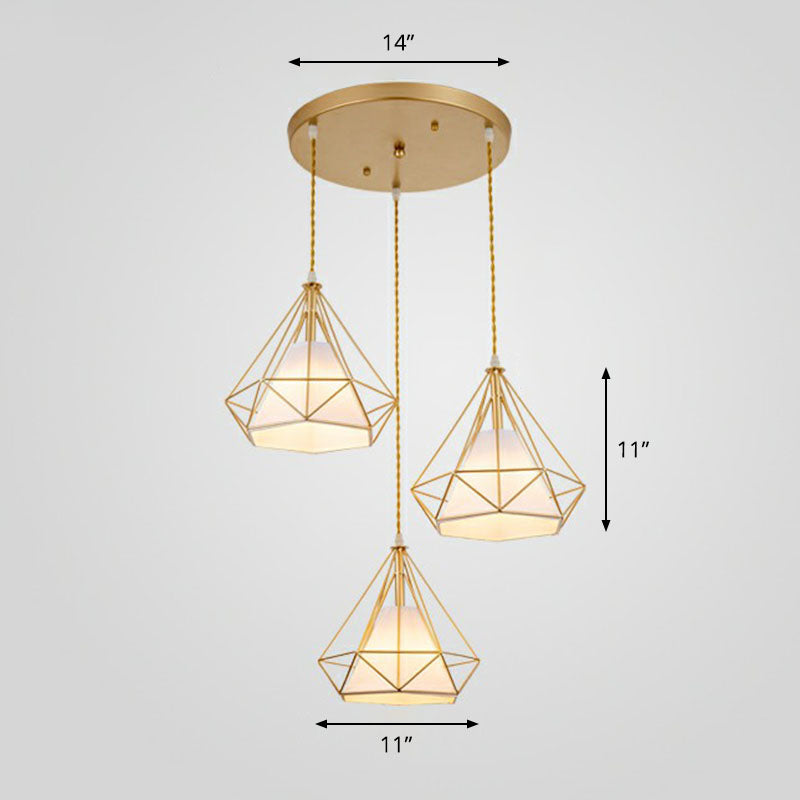 Diamond Cage Iron Suspension Light Fixture Vintage 3 Bulbs Restaurant Multi Ceiling Lamp with Inner Cone Shade Gold Clearhalo 'Art Deco Pendants' 'Black' 'Cast Iron' 'Ceiling Lights' 'Ceramic' 'Crystal' 'Industrial Pendants' 'Industrial' 'Metal' 'Middle Century Pendants' 'Pendant Lights' 'Pendants' 'Rustic Pendants' 'Tiffany' Lighting' 2241466