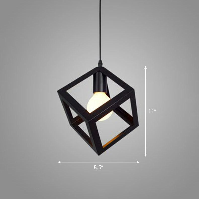 Geometric Cage Iron Hanging Light Simplicity 1 Bulb Corridor Pendant Light Fixture in Black Black Square Clearhalo 'Art Deco Pendants' 'Black' 'Cast Iron' 'Ceiling Lights' 'Ceramic' 'Crystal' 'Industrial' 'Metal' 'Pendant Lights' 'Rustic Pendants' 'Tiffany' Lighting' 2241535