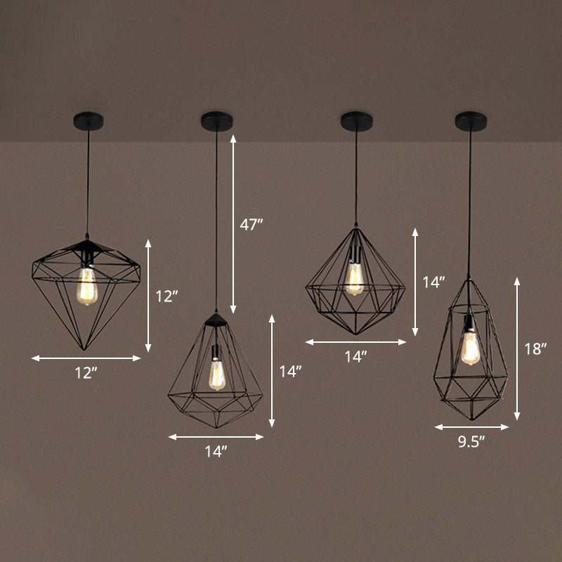 Iron Gemstone Frame Suspension Lighting Retro Style 1��Head Restaurant Pendant Ceiling Light in Black Clearhalo 'Ceiling Lights' 'Industrial Pendants' 'Industrial' 'Middle Century Pendants' 'Pendant Lights' 'Pendants' 'Tiffany' Lighting' 2241541