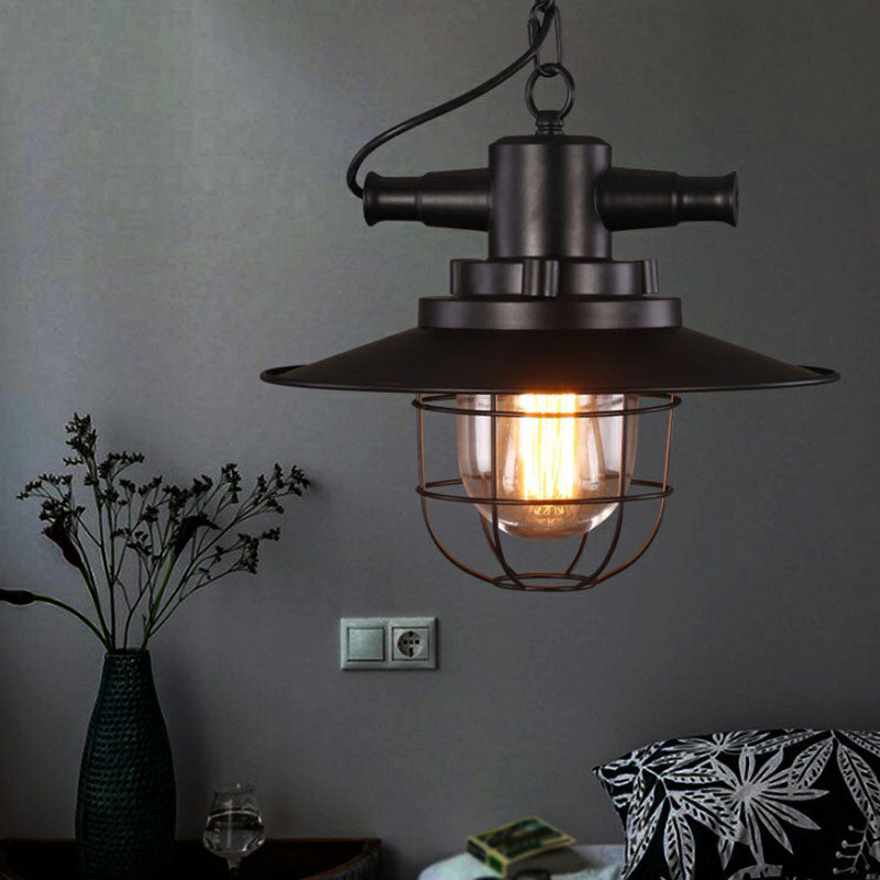 Pot Lid Iron Pendant Light Antique 1-Light Restaurant Hanging Light Fixture in Black Clearhalo 'Art Deco Pendants' 'Black' 'Cast Iron' 'Ceiling Lights' 'Ceramic' 'Crystal' 'Industrial Pendants' 'Industrial' 'Metal' 'Middle Century Pendants' 'Pendant Lights' 'Pendants' 'Rustic Pendants' 'Tiffany' Lighting' 2241560