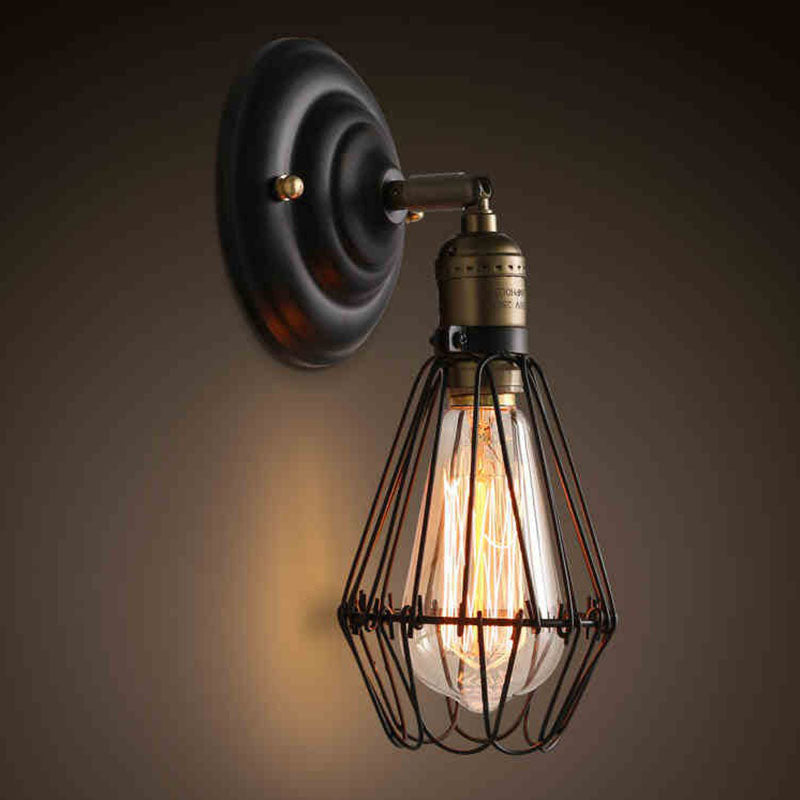 Single-Bulb Wall Mount Light Industrial Pear Cage Iron Wall Light Fixture in Black Black Clearhalo 'Art deco wall lights' 'Cast Iron' 'Glass' 'Industrial wall lights' 'Industrial' 'Middle century wall lights' 'Modern' 'Rustic wall lights' 'Tiffany' 'Traditional wall lights' 'Wall Lamps & Sconces' 'Wall Lights' Lighting' 2241606