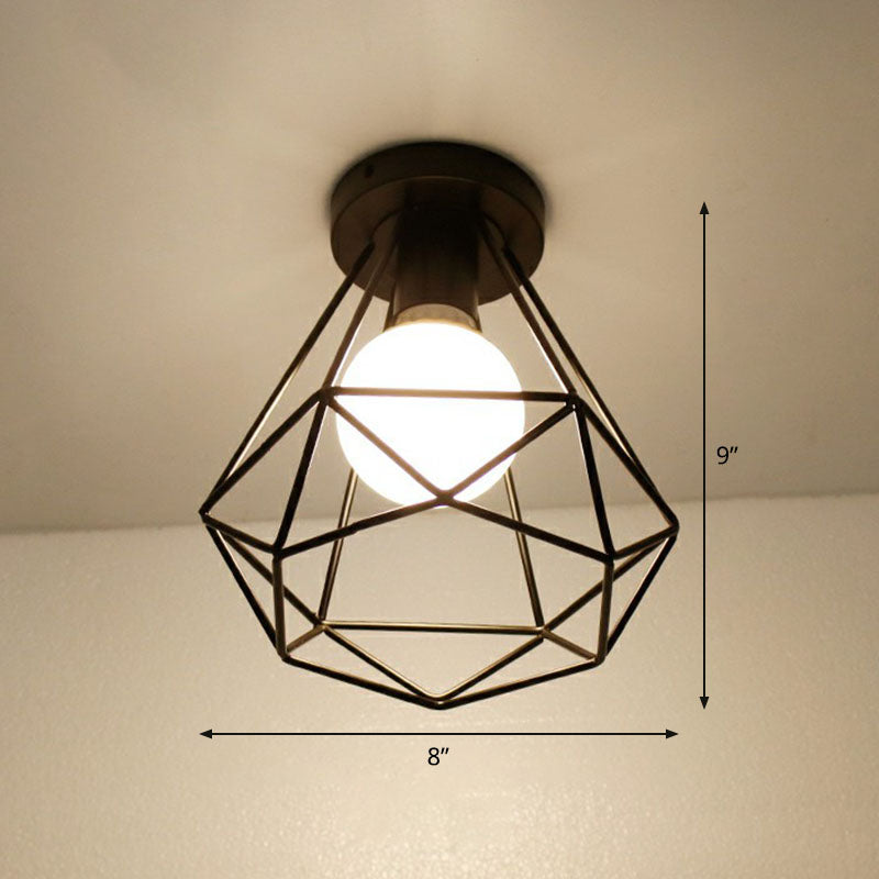 Geometric Metallic Semi Flush Fixture Antique Single-Bulb Corridor Flush Mount Ceiling Light in Black Black Round Clearhalo 'Ceiling Lights' 'Close To Ceiling Lights' 'Close to ceiling' 'Semi-flushmount' Lighting' 2241622