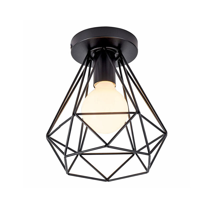 Geometric Metallic Semi Flush Fixture Antique Single-Bulb Corridor Flush Mount Ceiling Light in Black Clearhalo 'Ceiling Lights' 'Close To Ceiling Lights' 'Close to ceiling' 'Semi-flushmount' Lighting' 2241624