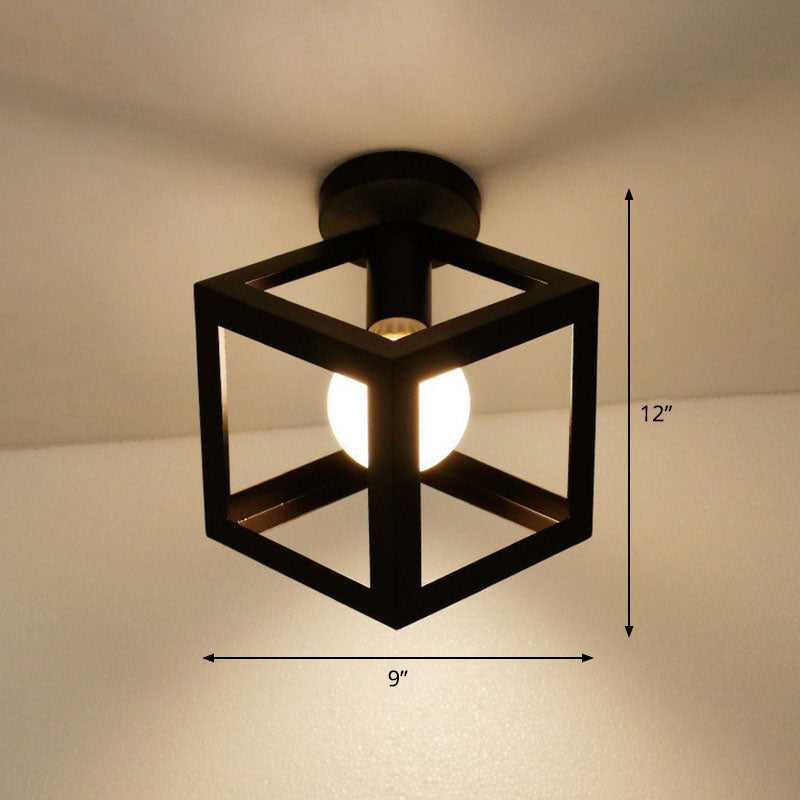 Geometric Metallic Semi Flush Fixture Antique Single-Bulb Corridor Flush Mount Ceiling Light in Black Black Square Clearhalo 'Ceiling Lights' 'Close To Ceiling Lights' 'Close to ceiling' 'Semi-flushmount' Lighting' 2241625