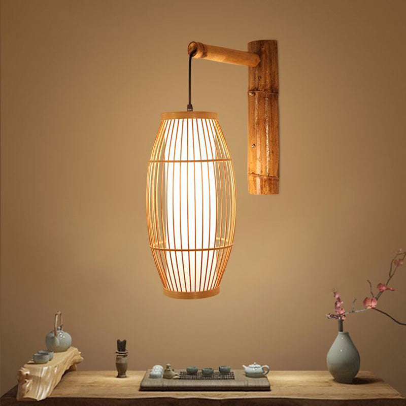 Barrel Bamboo Wall Light Minimalist 1 Head Wood Wall Lighting Fixture for Restaurant Clearhalo 'Wall Lamps & Sconces' 'Wall Lights' Lighting' 2241687