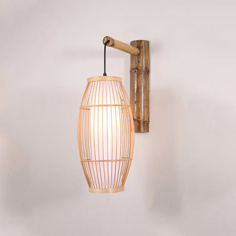 Barrel Bamboo Wall Light Minimalist 1 Head Wood Wall Lighting Fixture for Restaurant Clearhalo 'Wall Lamps & Sconces' 'Wall Lights' Lighting' 2241689