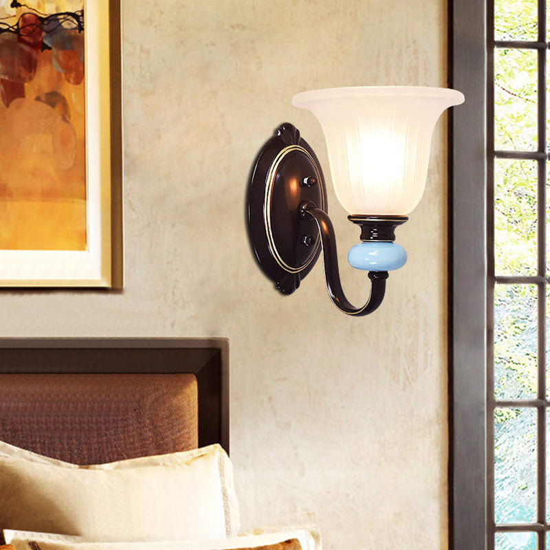 Vintage Flared Wall Light 1 Light White Glass Wall Sconce Lighting in Black for Foyer Black Clearhalo 'Wall Lamps & Sconces' 'Wall Lights' Lighting' 224169