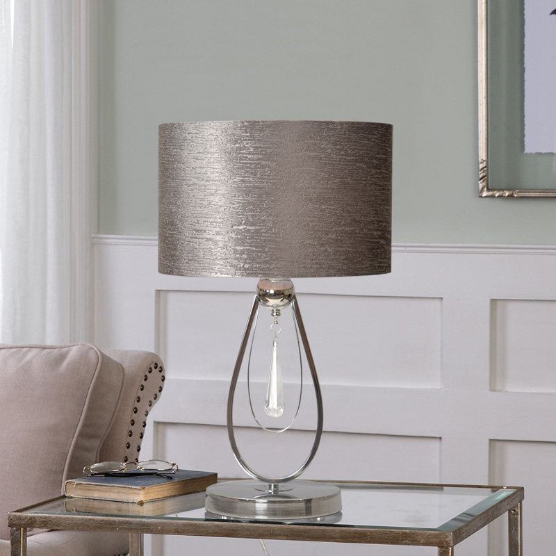 1 Light Desk Light Traditional Drum Fabric Reading Lamp in Grey for Bedroom with Metal Base Clearhalo 'Lamps' 'Table Lamps' Lighting' 224212