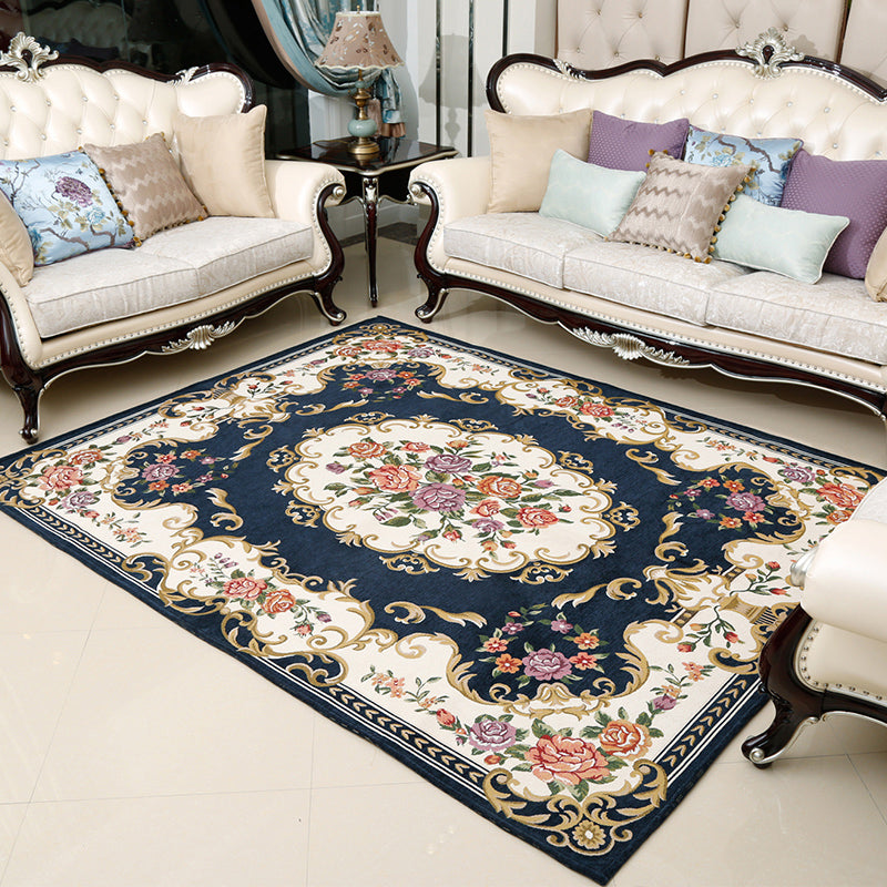 Retro Floral Printed Rug Multi-Color Luxury Area Carpet Synthetics Pet Friendly Easy Care Indoor Rug for Living Room Denim Blue 5'3