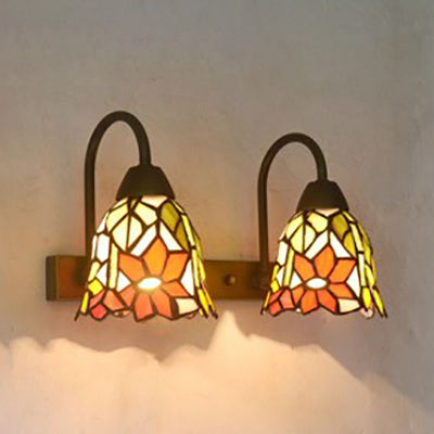 2 Heads Wall Mounted Light Tiffany Flared Red/Purple/Pink Glass Sconce Light Fixture with Flower Pattern Orange Clearhalo 'Industrial' 'Middle century wall lights' 'Tiffany wall lights' 'Tiffany' 'Wall Lamps & Sconces' 'Wall Lights' Lighting' 22427