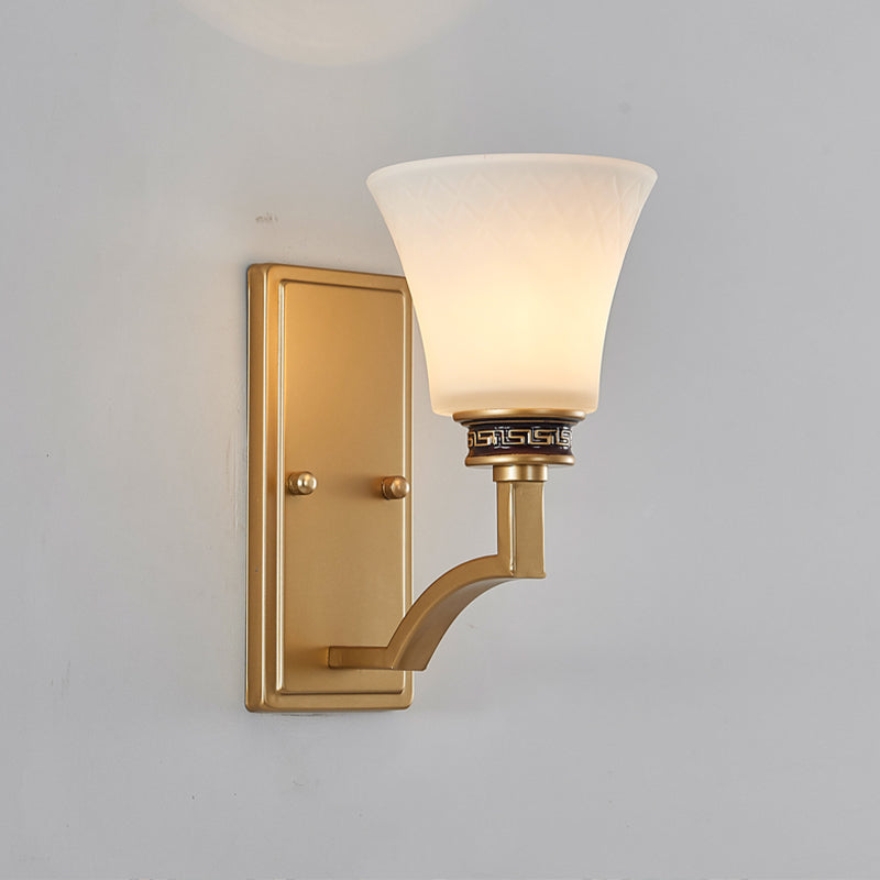 Vintage Flared Wall Light 1 Light White Glass Wall Sconce Lighting with Rectangle Backplate in Gold for Foyer Clearhalo 'Wall Lamps & Sconces' 'Wall Lights' Lighting' 224303