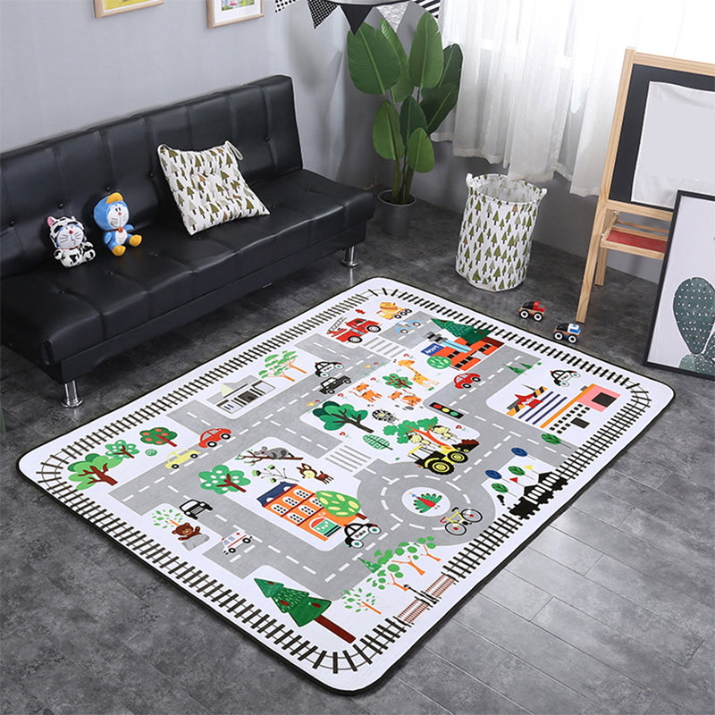 Lovely Childrens Room Rug Multicolor Cartoon Pattern Carpet Synthetics Non-Slip Backing Pet Friendly Rug Grey 4'11