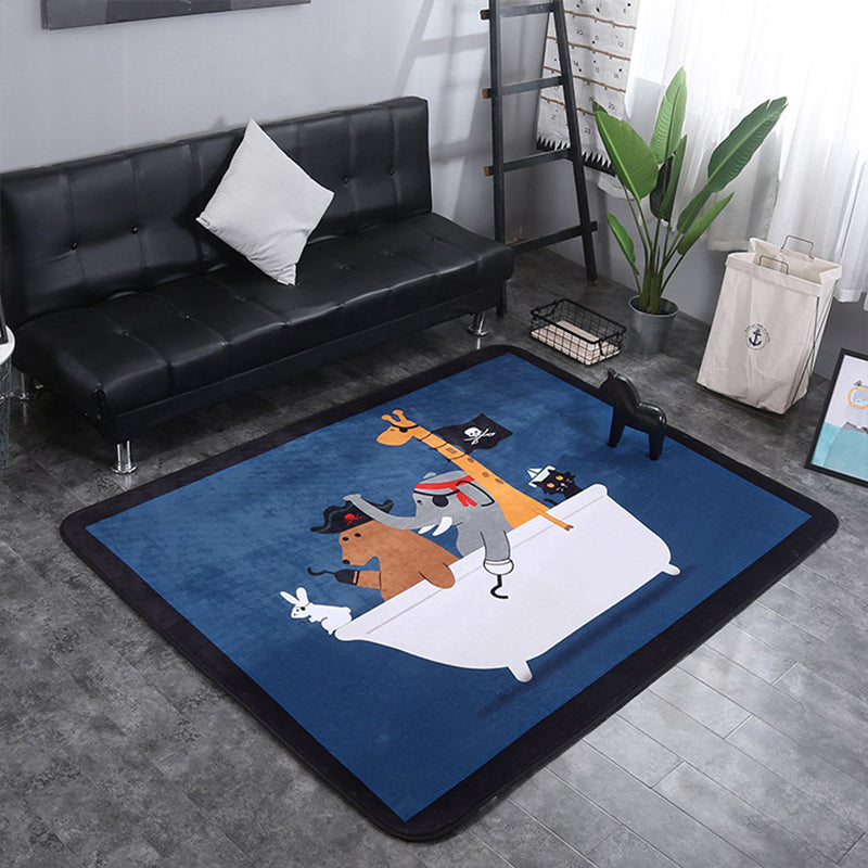 Lovely Childrens Room Rug Multicolor Cartoon Pattern Carpet Synthetics Non-Slip Backing Pet Friendly Rug Dark Blue 4'11