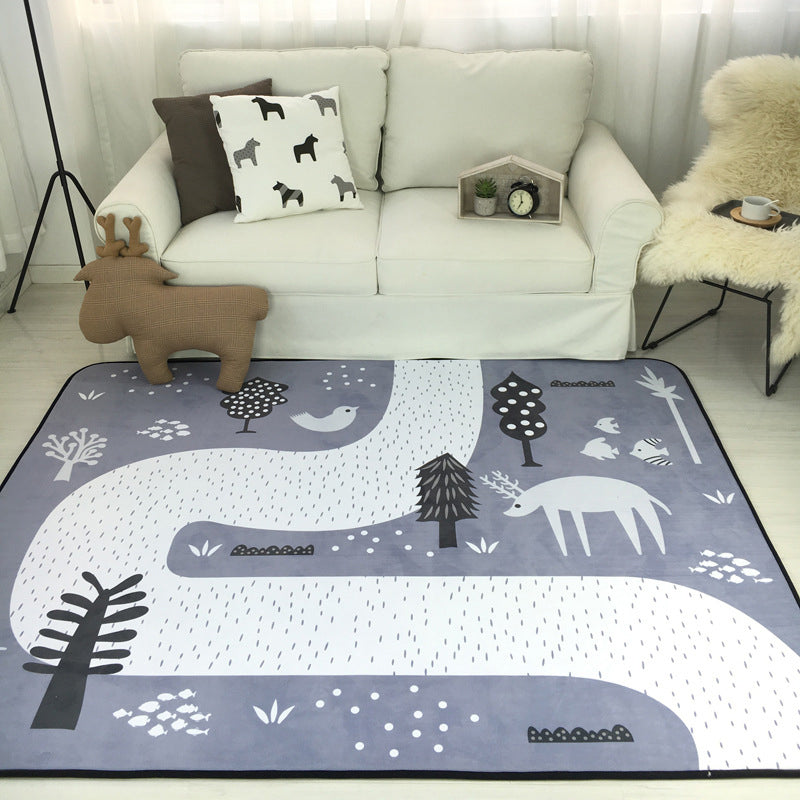 Multicolor Decoration Rug Creative Cartoon Print Carpet Polyster Non-Slip Backing Easy Care Rug Gray-White 4'11