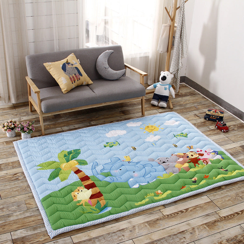 Classic Kids Room Rug Multi Colored Cartoon Print Carpet Polypropylene Easy Care Machine Washable Rug Blue 4'9