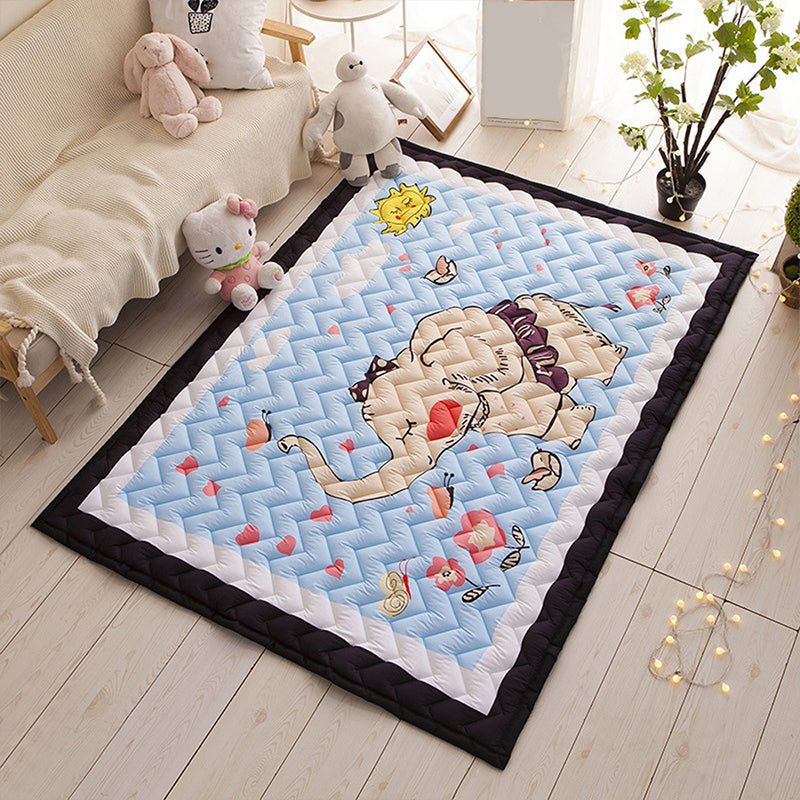 Cute Childrens Room Rug Multi Color Cartoon Print Rug Anti-Slip Backing Pet Friendly Carpet with Border Sky Blue 4'9