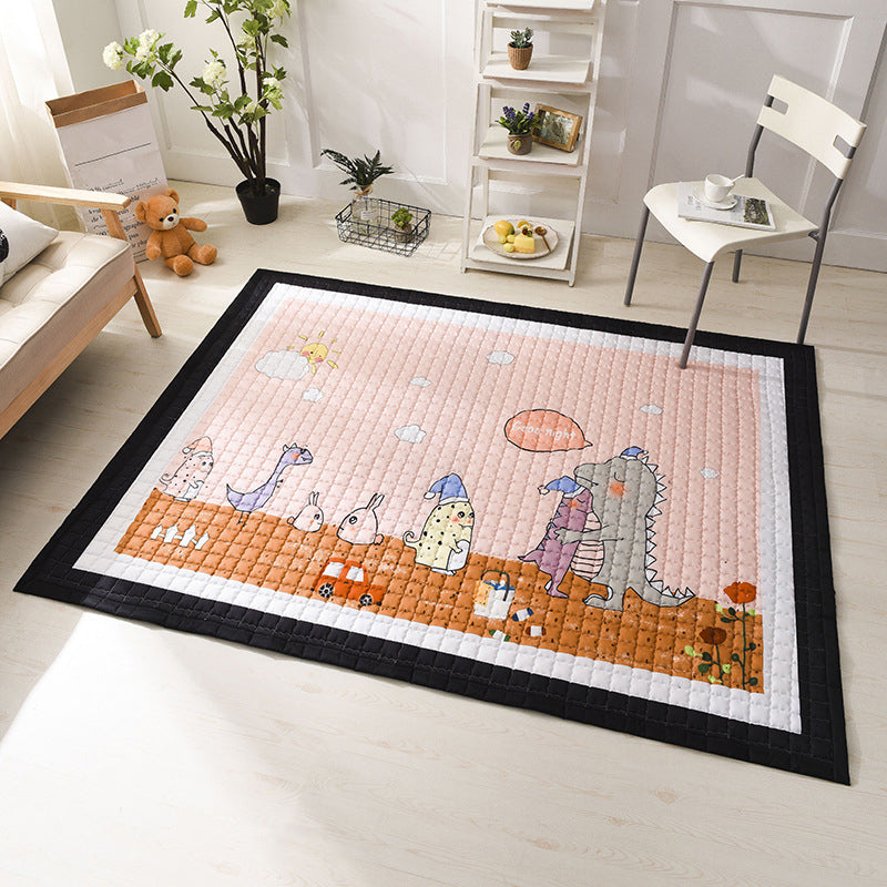 Cute Childrens Room Rug Multi Color Cartoon Print Rug Anti-Slip Backing Pet Friendly Carpet with Border Pink 4'9