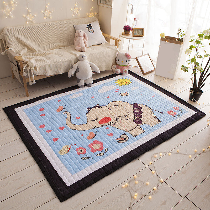 Cute Childrens Room Rug Multi Color Cartoon Print Rug Anti-Slip Backing Pet Friendly Carpet with Border Blue 4'9