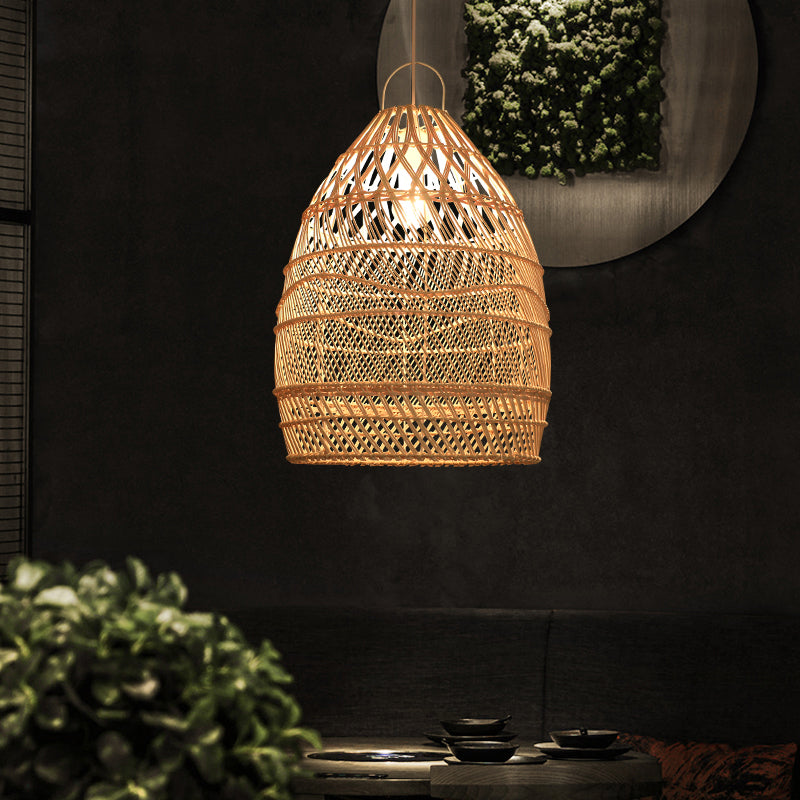 Asian Style Elongated Suspension Lighting Rattan 1��Head Restaurant Pendant Ceiling Light in Wood Clearhalo 'Ceiling Lights' 'Pendant Lights' 'Pendants' Lighting' 2245711