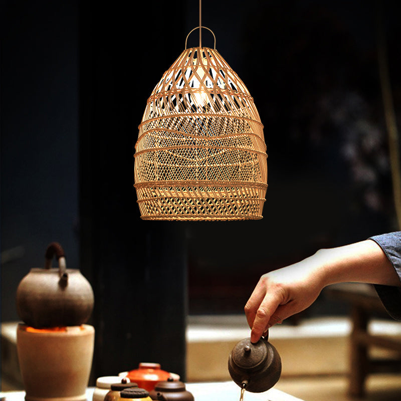 Asian Style Elongated Suspension Lighting Rattan 1��Head Restaurant Pendant Ceiling Light in Wood Clearhalo 'Ceiling Lights' 'Pendant Lights' 'Pendants' Lighting' 2245713