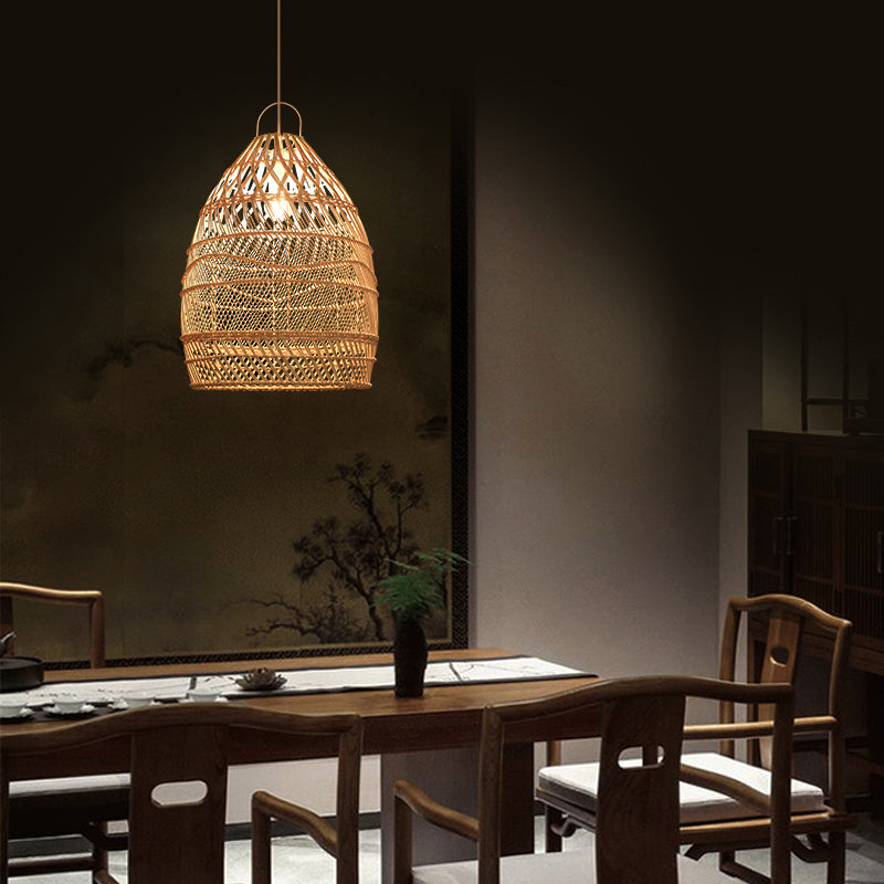 Asian Style Elongated Suspension Lighting Rattan 1��Head Restaurant Pendant Ceiling Light in Wood Clearhalo 'Ceiling Lights' 'Pendant Lights' 'Pendants' Lighting' 2245714