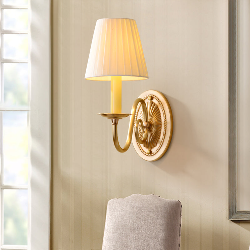 Minimalism Candlestick Wall Mount Light Metal Wall Lighting with Bucket Fabric Shade in Brass Clearhalo 'Wall Lamps & Sconces' 'Wall Lights' Lighting' 2246076