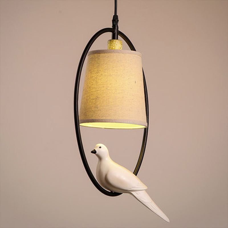 Vintage Bucket Ceiling Light Fabric Hanging Pendant Light with Resin Bird Decor in White Clearhalo 'Ceiling Lights' 'Pendant Lights' 'Pendants' Lighting' 2246199