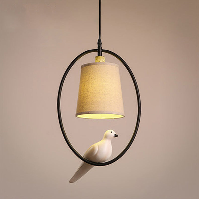 Vintage Bucket Ceiling Light Fabric Hanging Pendant Light with Resin Bird Decor in White Clearhalo 'Ceiling Lights' 'Pendant Lights' 'Pendants' Lighting' 2246200