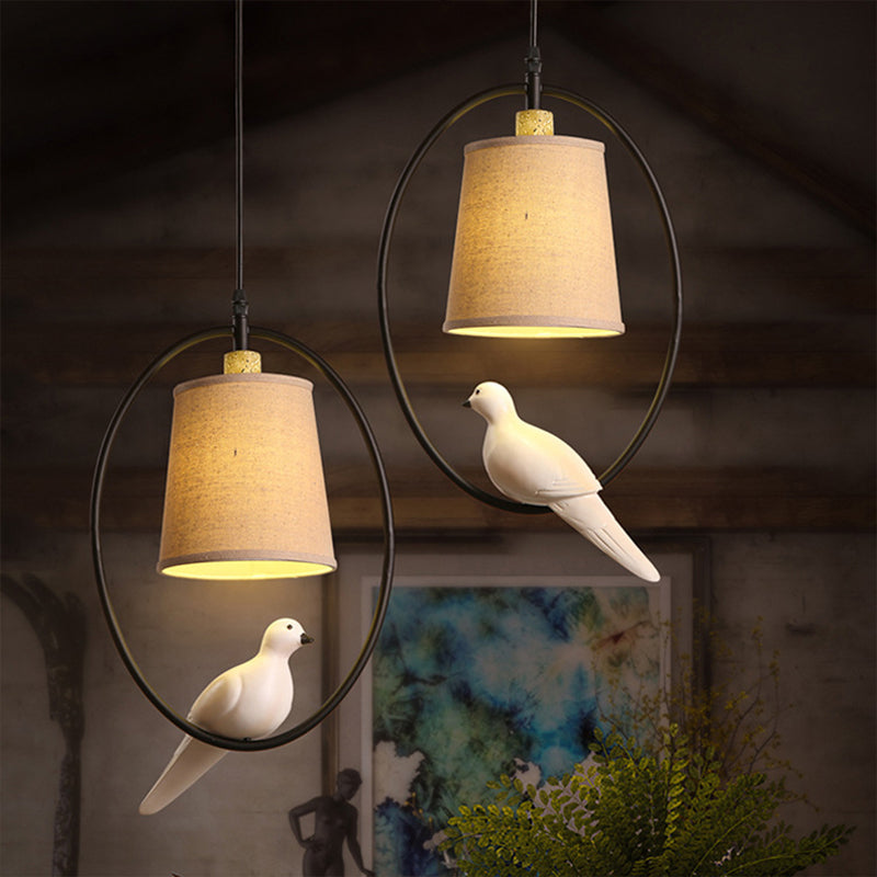Vintage Bucket Ceiling Light Fabric Hanging Pendant Light with Resin Bird Decor in White Clearhalo 'Ceiling Lights' 'Pendant Lights' 'Pendants' Lighting' 2246201