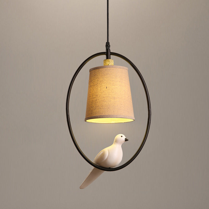 Vintage Bucket Ceiling Light Fabric Hanging Pendant Light with Resin Bird Decor in White Clearhalo 'Ceiling Lights' 'Pendant Lights' 'Pendants' Lighting' 2246203