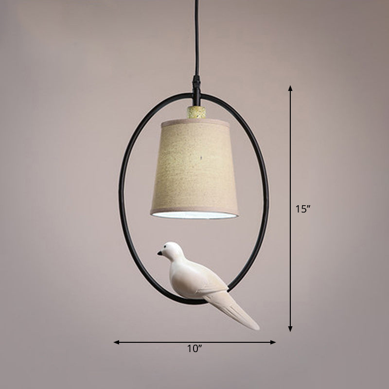 Vintage Bucket Ceiling Light Fabric Hanging Pendant Light with Resin Bird Decor in White Clearhalo 'Ceiling Lights' 'Pendant Lights' 'Pendants' Lighting' 2246204