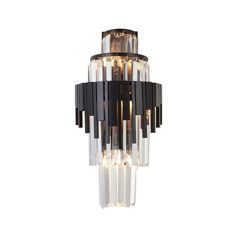 Tiered Sconce Lighting Fixture Modern Style Clear Crystal and Metal 3 Heads Black Wall Lamp, 14