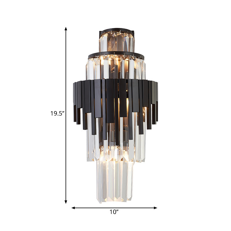 Tiered Sconce Lighting Fixture Modern Style Clear Crystal and Metal 3 Heads Black Wall Lamp, 14