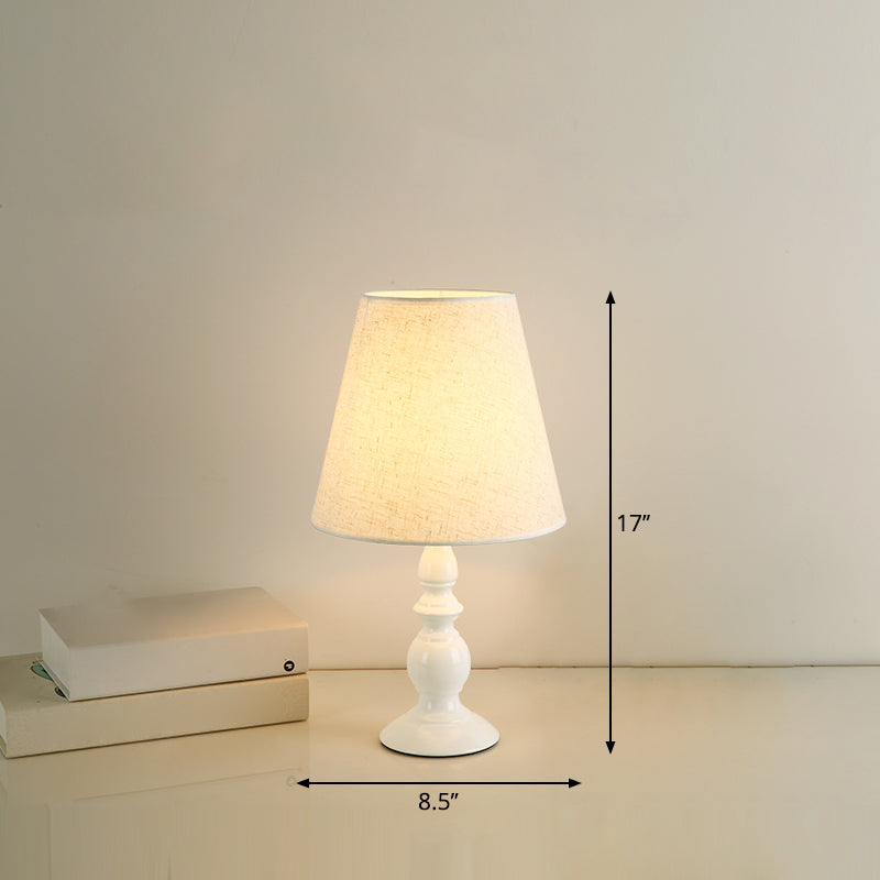 Baluster Iron Nightstand Lamp Minimalism 1-Light Bedside Table Light with Tapered Fabric Shade White 8.5