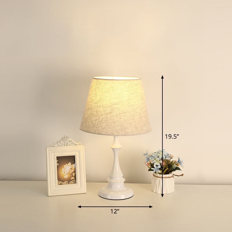 Baluster Iron Nightstand Lamp Minimalism 1-Light Bedside Table Light with Tapered Fabric Shade White 12