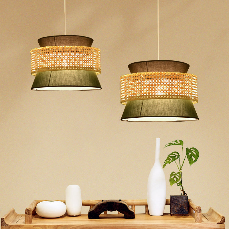 Tiered Rattan Suspension Light Simplicity Single Black / Green Pendant Light Fixture Clearhalo 'Ceiling Lights' 'Pendant Lights' 'Pendants' Lighting' 2246461