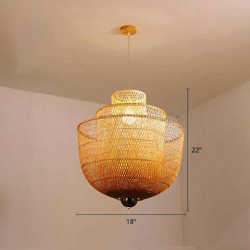 Layered Bamboo Suspension Lighting Minimalist 1��Head Wood Pendant Ceiling Light for Tea Room Wood 18