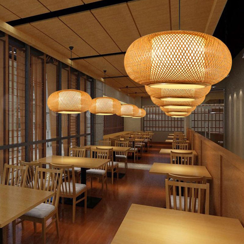 Wood Pumpkin Shaded Ceiling Light Asian Style 1 Bulb Bamboo Hanging Light Fixture Clearhalo 'Ceiling Lights' 'Lighting' 'Pendant Lights' 2246603_3b416bbb-0c0d-49da-9989-f0c36d00a534