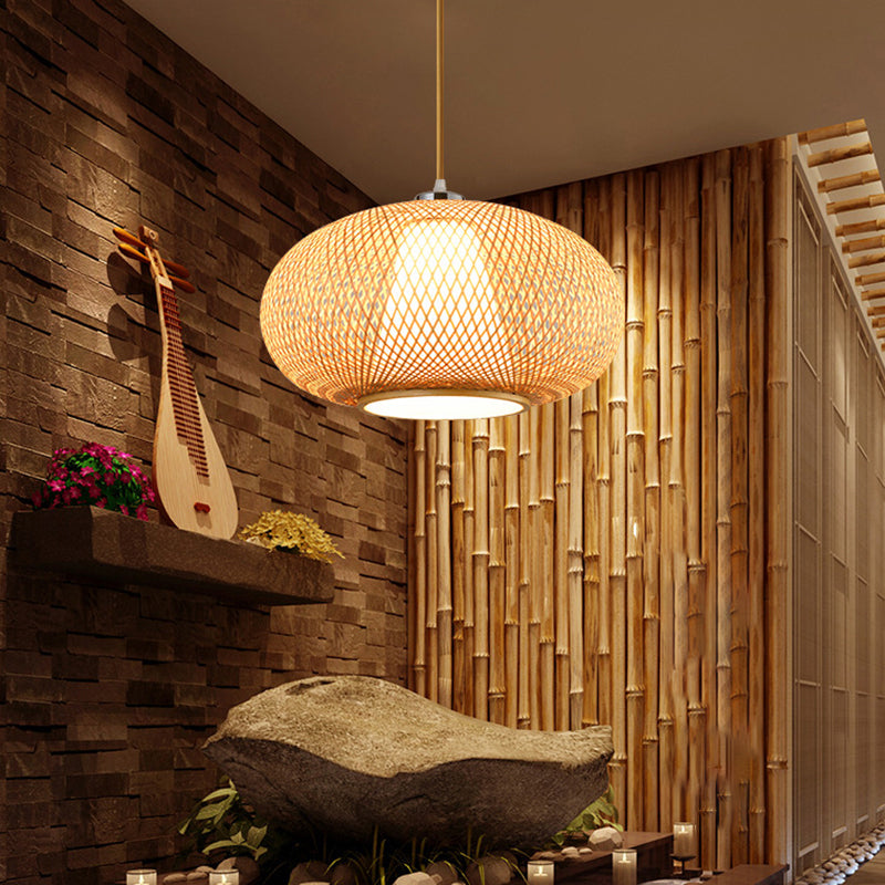 Rounded Drum Bamboo Suspension Lighting Minimalist 1��Head Wood Pendant Ceiling Light Clearhalo 'Ceiling Lights' 'Pendant Lights' 'Pendants' Lighting' 2246608