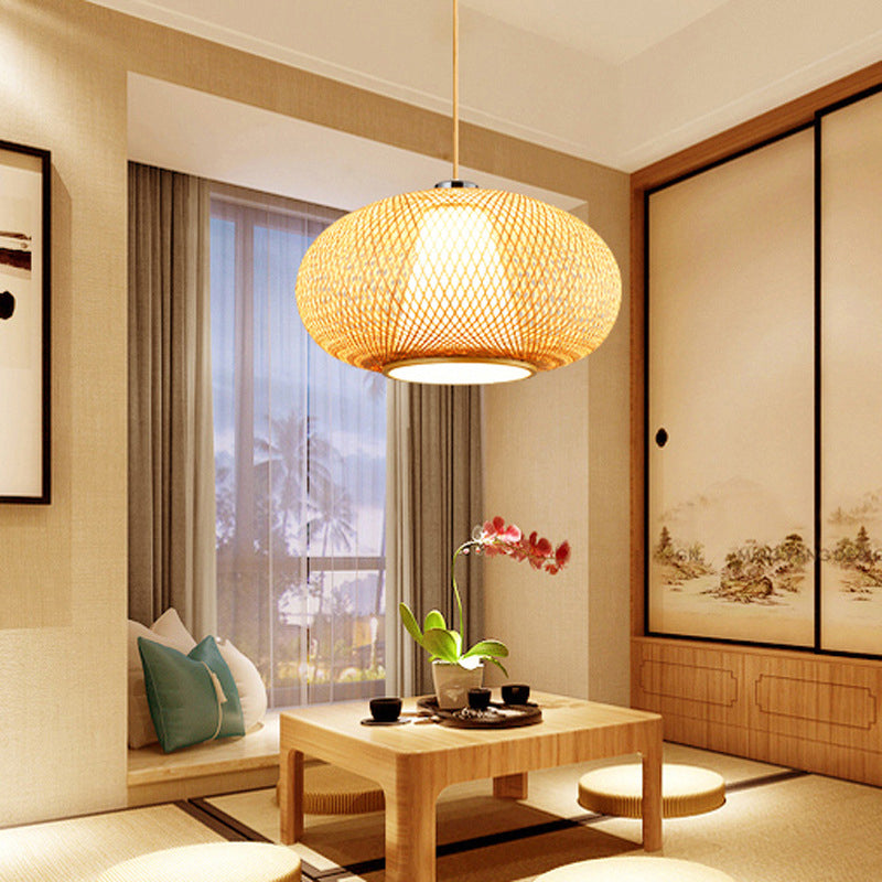 Rounded Drum Bamboo Suspension Lighting Minimalist 1��Head Wood Pendant Ceiling Light Clearhalo 'Ceiling Lights' 'Pendant Lights' 'Pendants' Lighting' 2246609