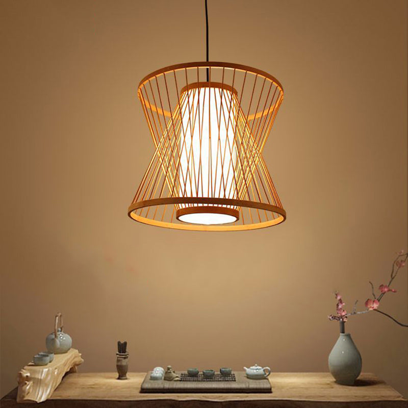 Wood Hourglass Shaded Suspension Light Simplicity 1-Light Bamboo Pendant Light Fixture Clearhalo 'Ceiling Lights' 'Pendant Lights' 'Pendants' Lighting' 2246839