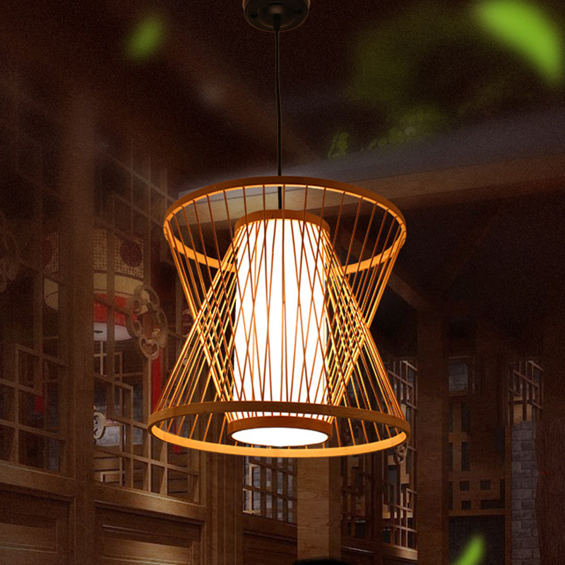 Wood Hourglass Shaded Suspension Light Simplicity 1-Light Bamboo Pendant Light Fixture Clearhalo 'Ceiling Lights' 'Pendant Lights' 'Pendants' Lighting' 2246842