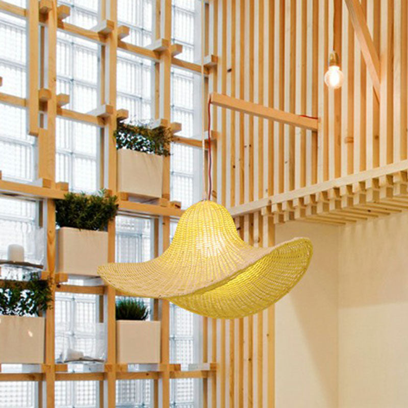 South-east Asia Straw Hat Ceiling Light Rattan Single Tea Room Hanging Pendant Light in Wood Clearhalo 'Ceiling Lights' 'Pendant Lights' 'Pendants' Lighting' 2246867