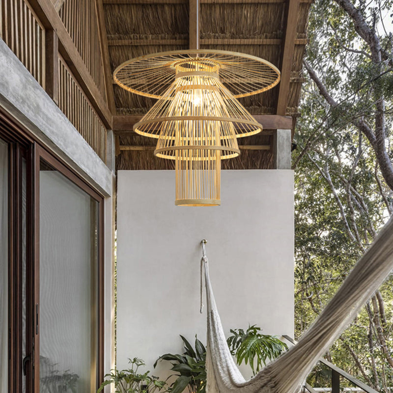 Wood Layered Suspension Light Simplicity 1 Bulb Bamboo Pendant Lighting for Tea Room Wood Clearhalo 'Ceiling Lights' 'Lighting' 'Pendant Lights' 2247872_b8df79e7-1f25-43f8-b23e-40875b69bcff
