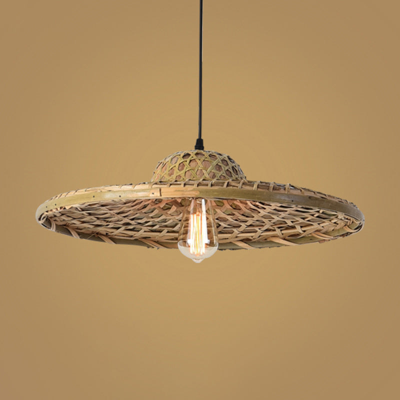 Wood Straw Hat Suspension Light Simplicity 1-Light Bamboo Pendant Lighting Fixture Clearhalo 'Ceiling Lights' 'Pendant Lights' 'Pendants' Lighting' 2248082