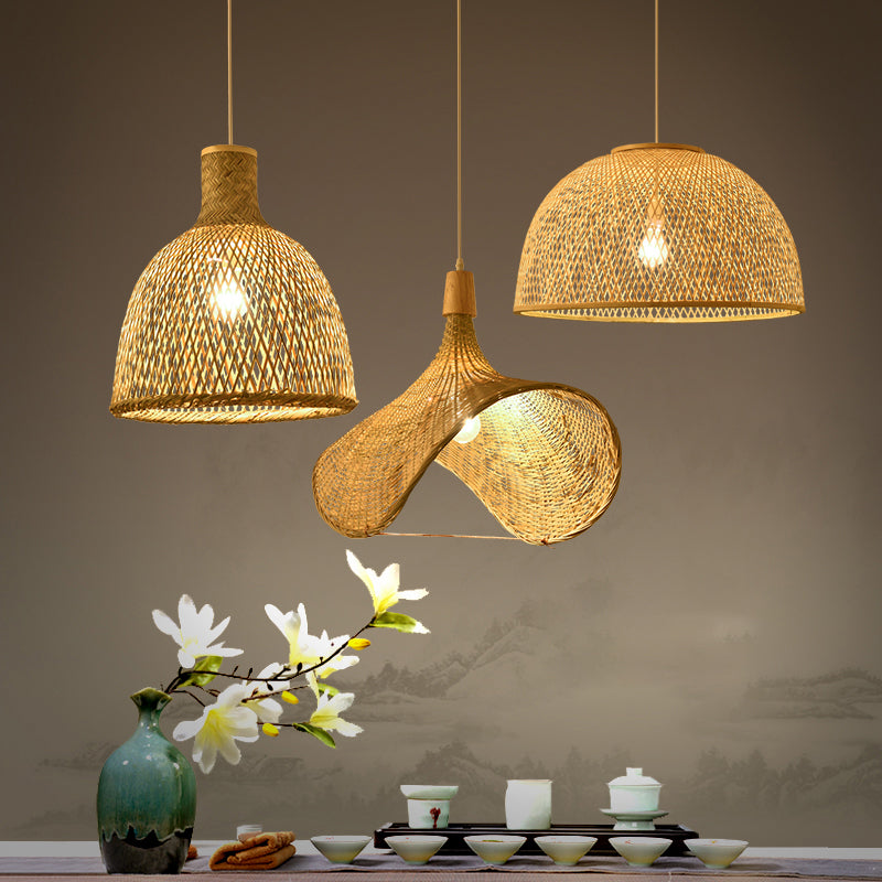 Wood Woven Suspension Lighting Simplicity 1-Light Bamboo Pendant Light for Tea Room Clearhalo 'Ceiling Lights' 'Pendant Lights' 'Pendants' Lighting' 2248206