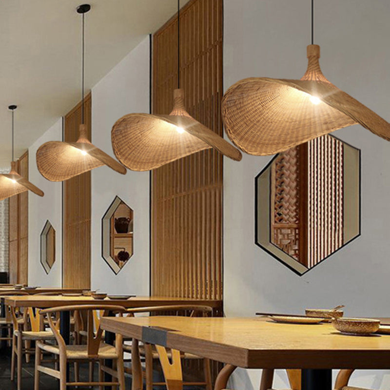 Hat Shaped Bamboo Ceiling Lighting Asian Style 1��Bulb Wood Hanging Light for Restaurant Clearhalo 'Ceiling Lights' 'Pendant Lights' 'Pendants' Lighting' 2248223