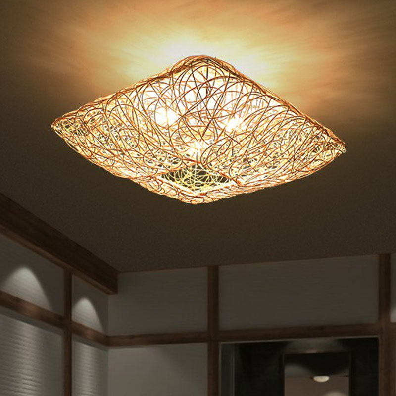 Japanese Square Flush Ceiling Light Rattan 3 Heads Bedroom Flush Mount Lighting in Wood Clearhalo 'Ceiling Lights' 'Close To Ceiling Lights' 'Close to ceiling' 'Flush mount' Lighting' 2248355