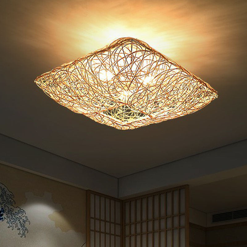 Japanese Square Flush Ceiling Light Rattan 3 Heads Bedroom Flush Mount Lighting in Wood Clearhalo 'Ceiling Lights' 'Close To Ceiling Lights' 'Close to ceiling' 'Flush mount' Lighting' 2248358